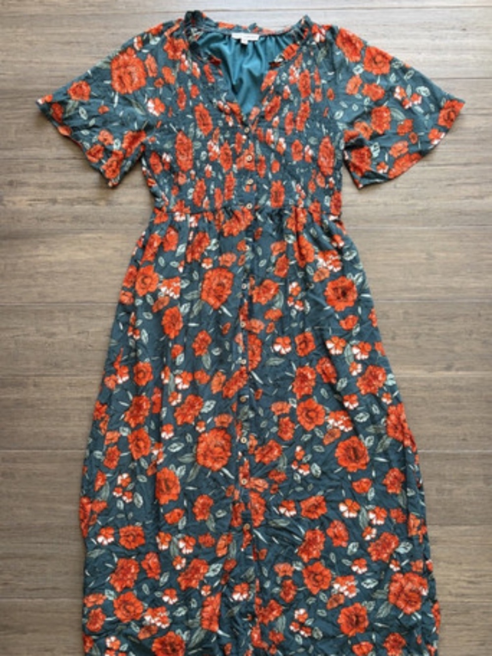 Baltic Born Botega Midi Dress Women's SM Jade Green Orange Floral Smocked Bodice